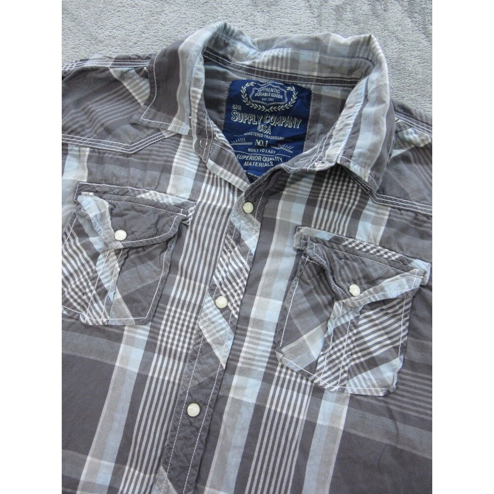 Supply Company USA Shirt Mens Size XL Western Plaid Gray Pearl Snap Long Sleeve